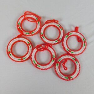 6 Plastic Canvas Christmas Wreath Ornaments Red White Green Yarn 3" Dia Handmade